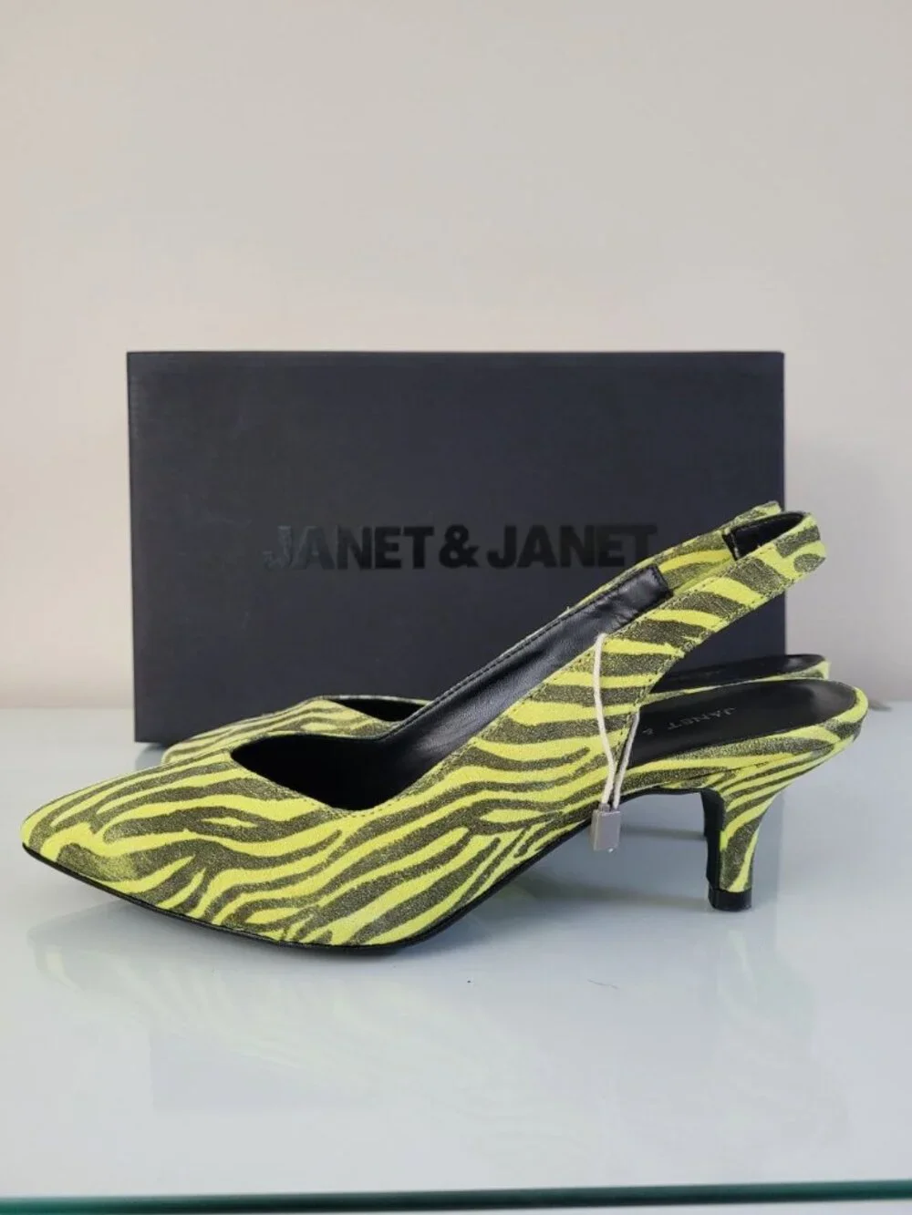 Janet & Janet Zebra Print Slingback Heels Size 37 Lime Green Black